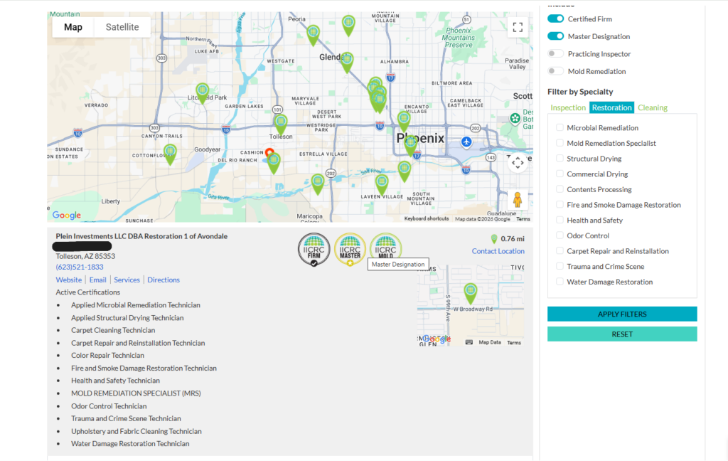 IICRC Global locator showing r1 avondales certifications